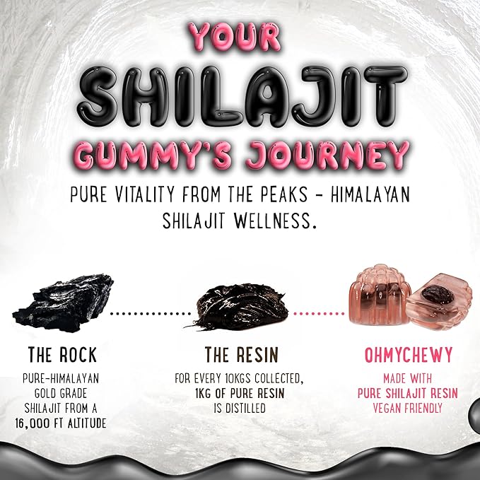 OH MY CHEWY Pure Himalayan Shilajit Gummies - High Potency Gold Grade Resin - Energy Boost and Immune Support for Men and Women with Ashwagandha and Shatavari - 120 Gummy - Strawberry & Banana