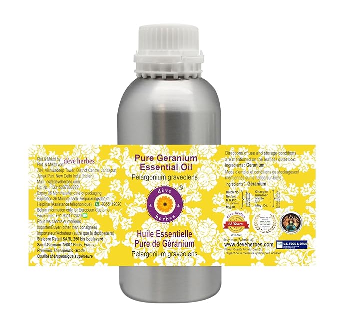 Deve Herbes Pure Geranium Essential Oil (Pelargonium graveolens) Steam Distilled 1250ml (42 oz)