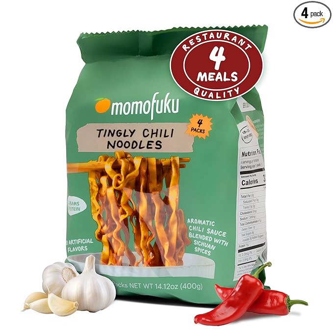 Momofuku Tingly Chili Noodles Ramen Noodles by David Chang, 4 Pack of Restaurant Quality Air-Dried Instant Noodles Now with More Sauce & 11g of Protein