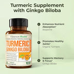 Ginkgo Biloba Supplement with Turmeric Curcumin and Black Pepper for High Absorption - Ginko Biloba Capsules with Curcuma for Focus, Memory Support, Joint & Brain Health - Non-GMO - 2pack