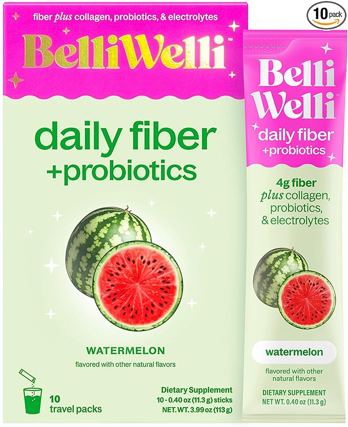 Belli Welli Daily Fiber Supplement Packets with Collagen, Probiotics & Electrolytes | Single Serve Packets for Gut Health, Digestion & Debloating | Watermelon | 10 Count
