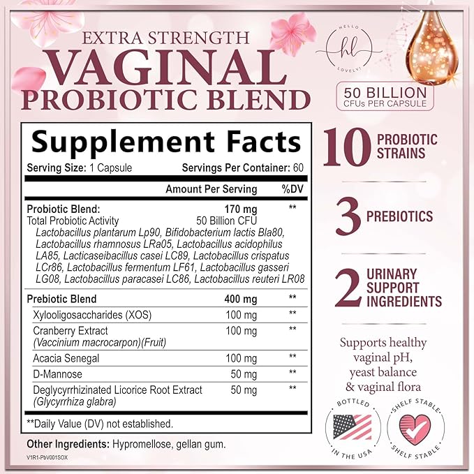 Vaginal Probiotics for Women - Gently Support Feminine Health, pH Balance, Healthy Odor & Vaginal Flora - 50 Billion CFU - Improved Formula with Lactobacillus, Prebiotics & Cranberry - 60 Capsules