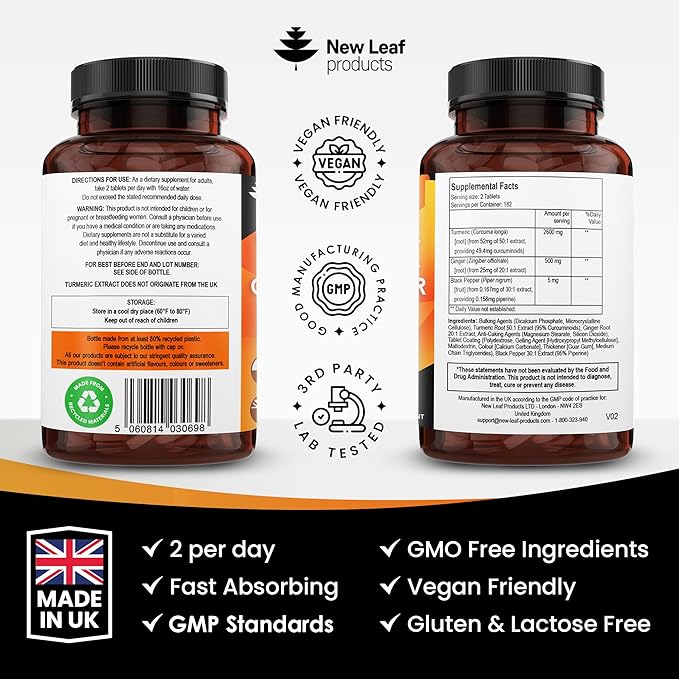 Turmeric Tablets - High Strength Extract with Black Pepper & Ginger (365 Tablets) Active 95% Turmeric Curcumin Supplements, Vegan, GMP, GMO Free Gluten Free, UK Made by New Leaf
