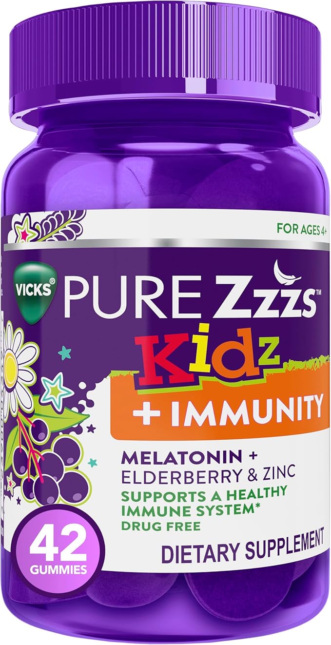 Pure Zzzs Kidz + Immunity by Vicks, Melatonin Sleep Aid Gummies for Kids and Children, Zinc for Immune Support, Low Dose Melatonin, Berry Flavored, 42 Gummies
