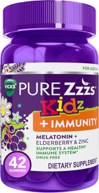 Pure Zzzs Kidz + Immunity by Vicks, Melatonin Sleep Aid Gummies for Kids and Children, Zinc for Immune Support, Low Dose Melatonin, Berry Flavored, 42 Gummies