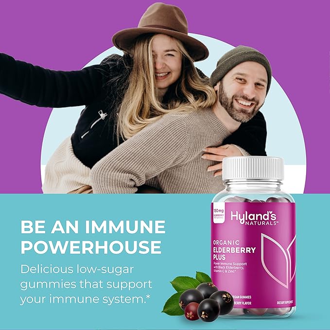 Hyland's Organic Elderberry Plus Gummies, Organic Black Elderberry with ZINC and Vitamin C, Immune Support Supplement for Adults, 60 Vegan Gummies (30 Days) (Pack of 2)