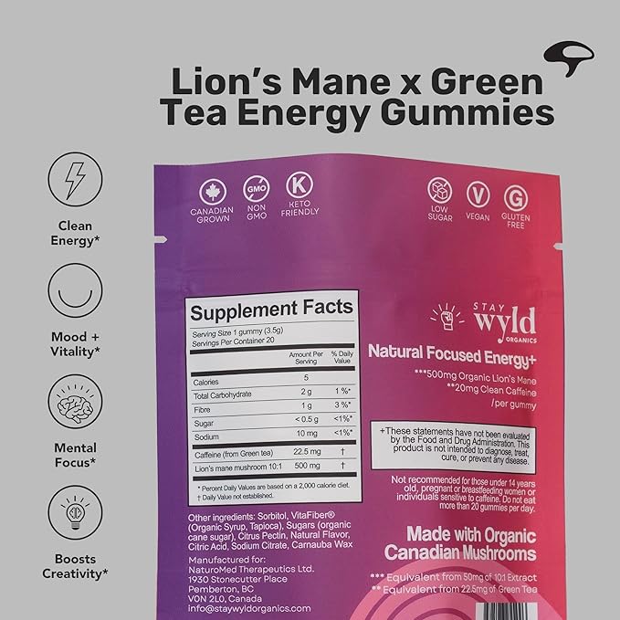 Stay Wyld Organics, Focused Energy+ Mushroom Gummies, 20 Servings, with Lion's Mane & Green Tea - Clean Energy Mushroom Supplement, Mental Focus Gummies, Lions Mane Supplement, Low Sugar & Gluten-Free