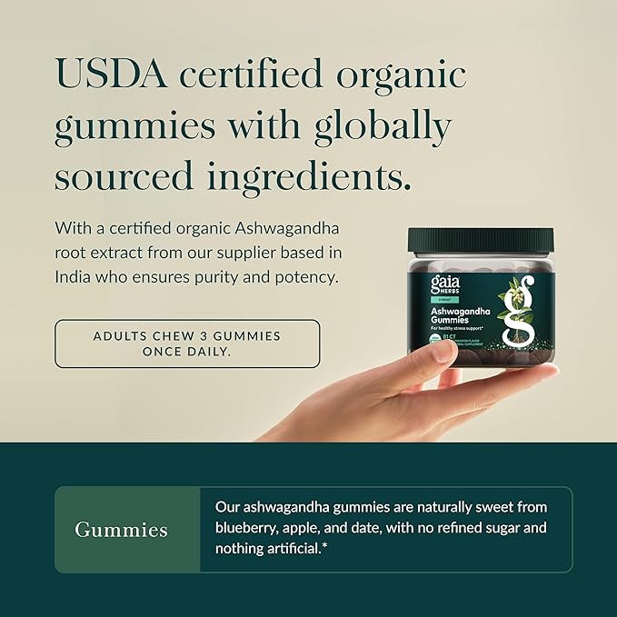 Gaia Herbs Organic Ashwagandha Gummies - Stress Support* - Made with Cinnamon & Ginger - Gluten Free & Vegan - 81 Count (27 Servings)