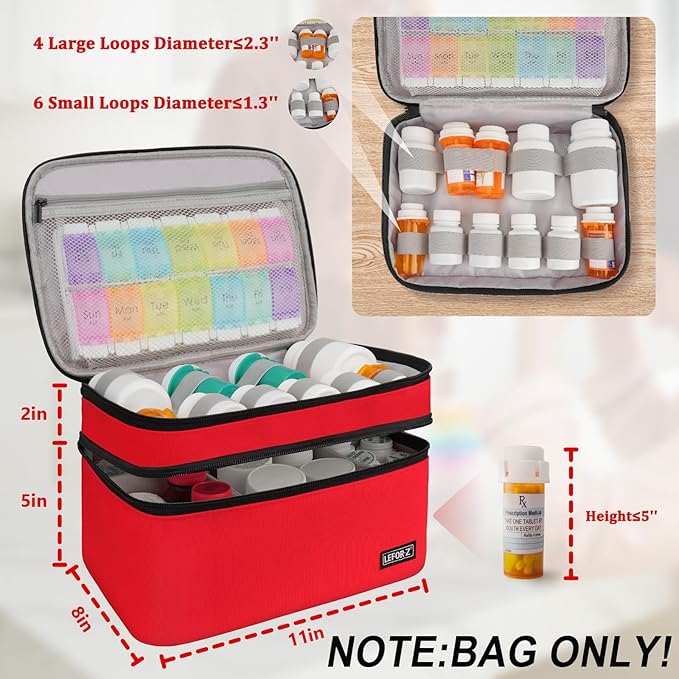 LEFOR·Z Medicine Storage Bag,Double Layers Pill Bottle Organizer Bag Empty with Lockable Zipper&Adjustable Divider,Medication Travel Carrying Bag for Pills,Vitamins,Medical Supplies,Red