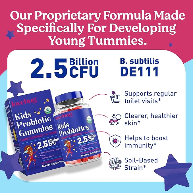 LOVEBUG Kids Probiotic Gummies – Organic Chewable Probiotics for Kids Aged 4+, Soil- Based Children’s Probiotic for Gut Health,Constipation,Digestive & Immune Support, Vegan, 60 Chews, Strawberry