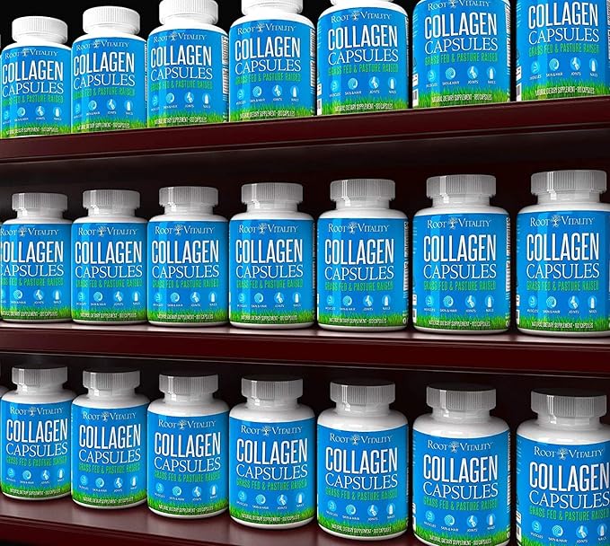 Root Vitality Collagen Peptides Capsules - Grass-Fed, Pasture-Raised Hydrolyzed Protein Supplement for Skin, Hair, & Nails - Non-GMO, Zero Sugar Daily Pills for Men & Women (180 Capsules)