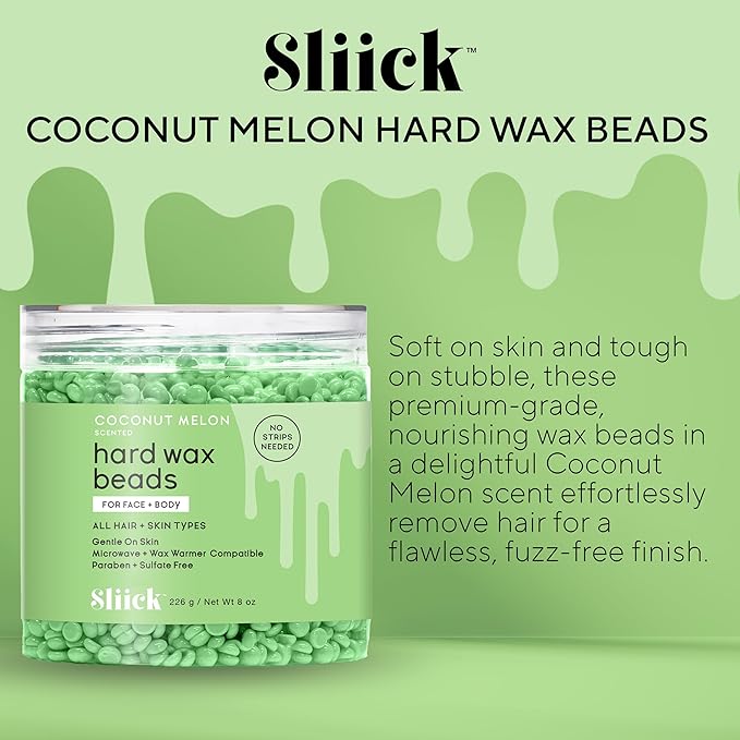 Sliick Hard Wax Beads for Hair Removal, Coconut Melon - Stripless Wax Beads for Face, Body & Sensitive Skin, DIY At-Home Waxing, 8 oz