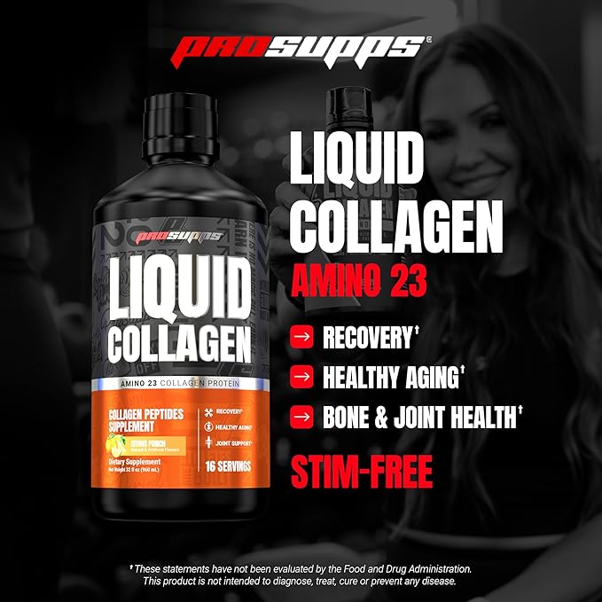 ProSupps Amino23 Liquid Collagen Shots, Citrus Punch - Collagen Peptide Post Workout Supplement Supports Healthy Aging, Joints, Skin & Hair - Gluten-Free & Zero Sugar - 16 Servings