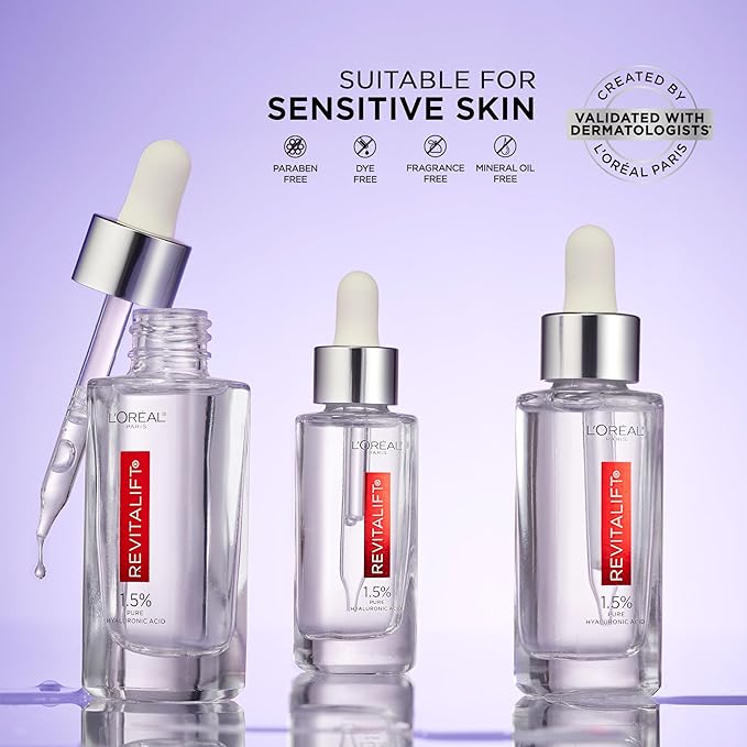 L'Oreal Paris Revitalift 1.5% Pure Hyaluronic Acid Serum for Face, Anti Aging Serum to Hydrate Skin & Reduce Wrinkles, Fragrance Free Skin Care for All Skin Types, 1 Oz