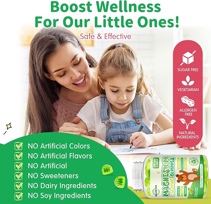 Magnesium Gummies for Kids - Magnesium Glycinate Gummies with L-Theanine, Vitamin B6, D3 for Kids & Adults Sleep, Calm, Relaxation, Brain, Bones, Muscle Relief, Sugar Free Green Apple & Kiwi 60ct