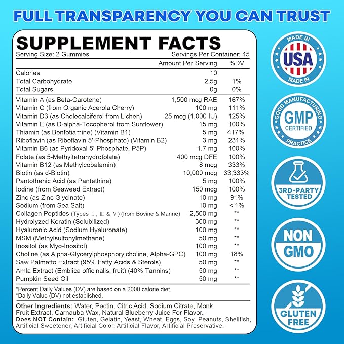Biotin Gummies 10,000mcg with Collagen - 23-in-1 Hair Growth Gummies for Women & Men - Hair Skin and Nails Gummies with Keratin & Saw Palmetto - Sugar Free Non-GMO, Blueberry, 180 Count