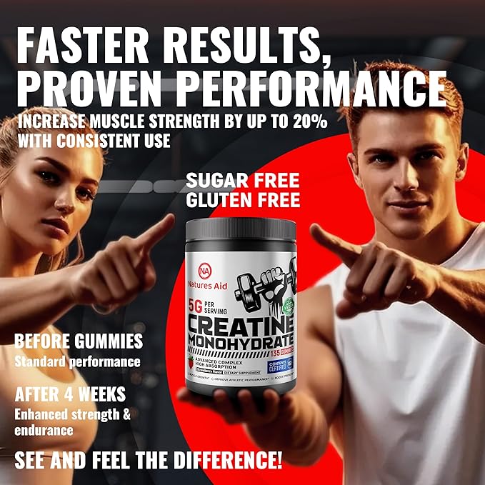 Natures Aid NSF Certified Creatine Gummy 5g - Creatine Monohydrate Gummies – Pre-Workout Energy & Muscle Growth Support for Men & Women | Strawberry Electrolyte Gummies (135 Count)