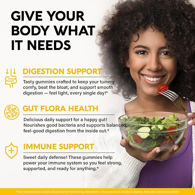 Probiotic Gummies 10B CFU with Prebiotic Fiber - Digestion & Immune Support - Debloat, Stomach & Gut Comfort - Probiotics for Women & Men - Natural Berry Flavor - Vegan & Sugar-free - 60 Gummies
