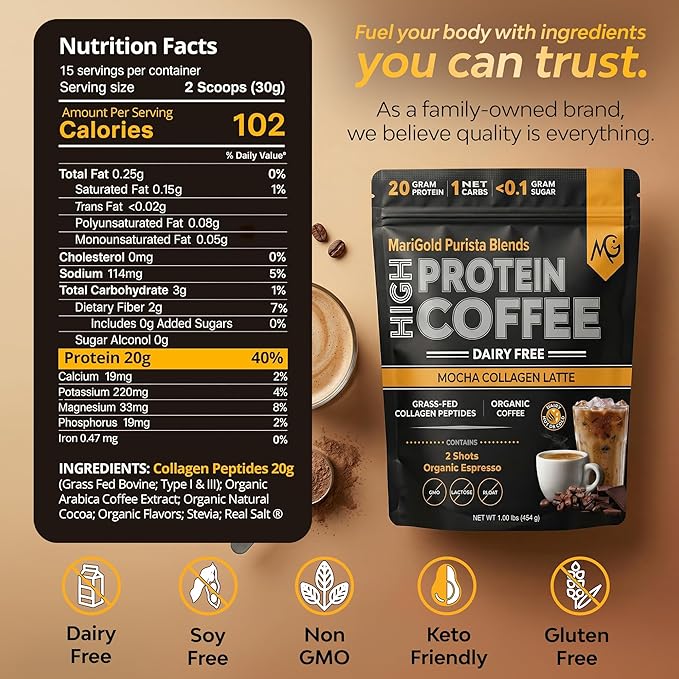 MariGold High Protein Collagen Coffee - Mocha Collagen Latte, Dairy Free, 20g Grass-Fed Type I & III Collagen Peptides, Energy Boost, 2 Shots Organic Espresso, Non-GMO, 1 Lb Bag, 15 Servings