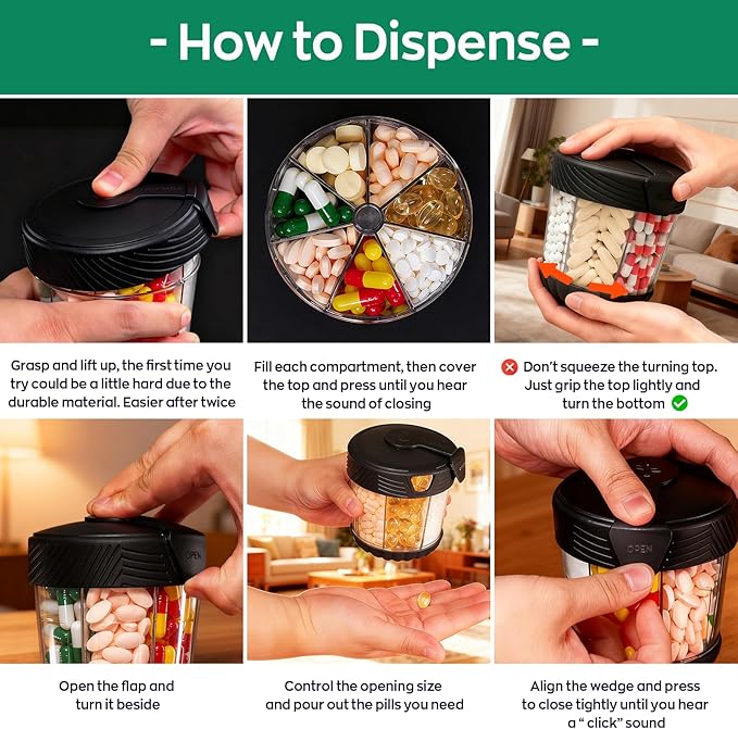 HIONXMGA Large Pill Dispenser with 7 Compartments, Portable Pill Bottle Organizer for Travel, Anti-Mix Supplement Organizer Easy Twist Wide-Opening, BPA-Free Pill Box Container with 20Pcs Labels,Black