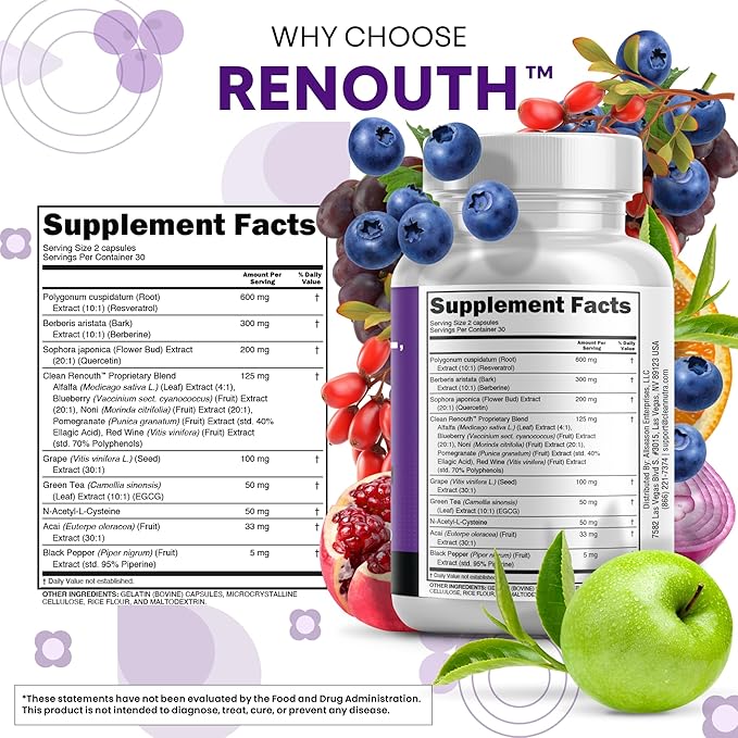 Clean Resveratrol Supplement | Berberine Grape Seed Extract Quercetin Green Tea Extract Acai Noni Polyphenol Supplement for Women & Men N-Acetyl Cysteine