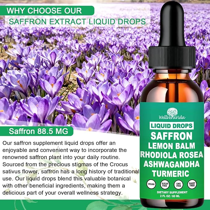 Saffron Supplements Liquid Drops- 88.5mg Pure Saffron Extract for Stress Relief & Calm Mood Support丨Advance 8-in-1 liquid Saffron w. Ashwagandha & Rhodiola Rosea, Fast Absorption Than Saffron Gummies