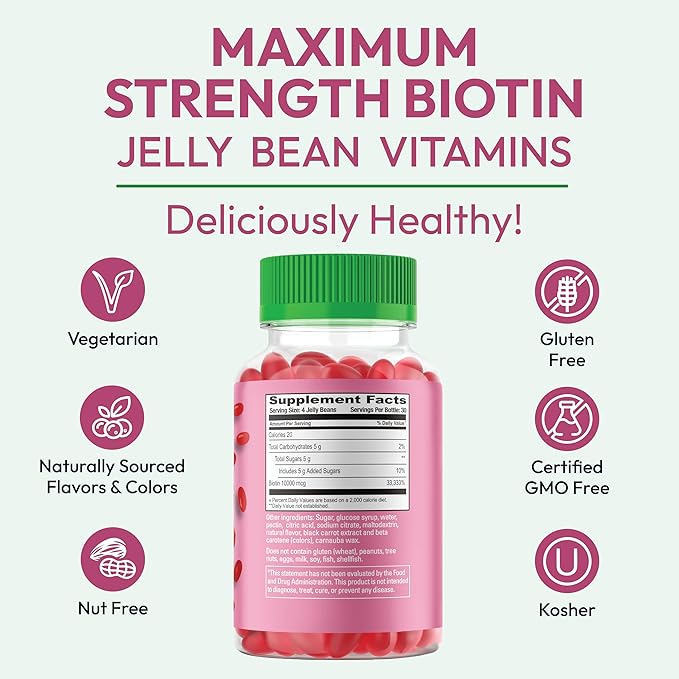 Biotin Jelly Bean Gummy Vitamins, Max Strength Biotin for Hair, Skin and Nails, 10,000mcg per Serving, Hair Growth Vitamins for Men and Women, 120 Strawberry Blast Jelly Beans, Kosher