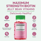Biotin Jelly Bean Gummy Vitamins, Max Strength Biotin for Hair, Skin and Nails, 10,000mcg per Serving, Hair Growth Vitamins for Men and Women, 120 Strawberry Blast Jelly Beans, Kosher
