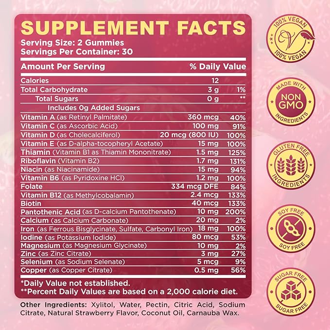Iron Gummies for Women, Triple Iron Supplement with Multivitamin Iron Gummies with Vitamin C, A, B, Folate, Copper, Zinc for Energy & Blood Support, Immune Health, Vegan, Strawberry Flavor, 120 Counts