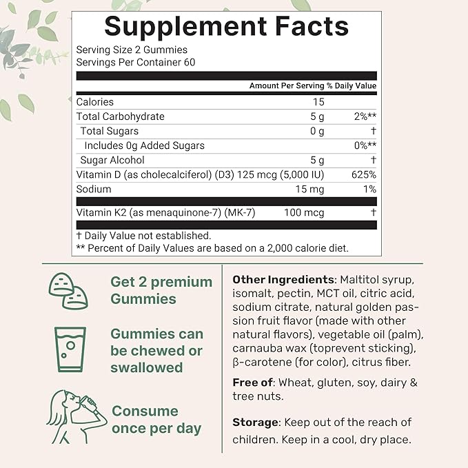 Micro Ingredients Vitamin D3 K2 Gummies, 120 Count | 5,000 IU Vitamin D + 100 mcg K2 MK-7 | Bone, Immune & Heart Health Supplements* | Sugar Free Golden Passion Fruit Flavor | Non-GMO, Gluten Free