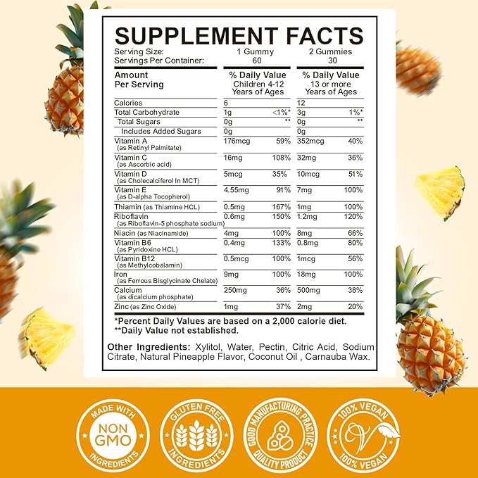 Iron Supplement Gummies for Kids - with Calcium, Zinc, Kids Multivitamin with Iron Gummies - Immune Support, Blood Builder & Energy Support for Iron Deficiency, Anemia, Pineapple Flavor, 60 Gummies