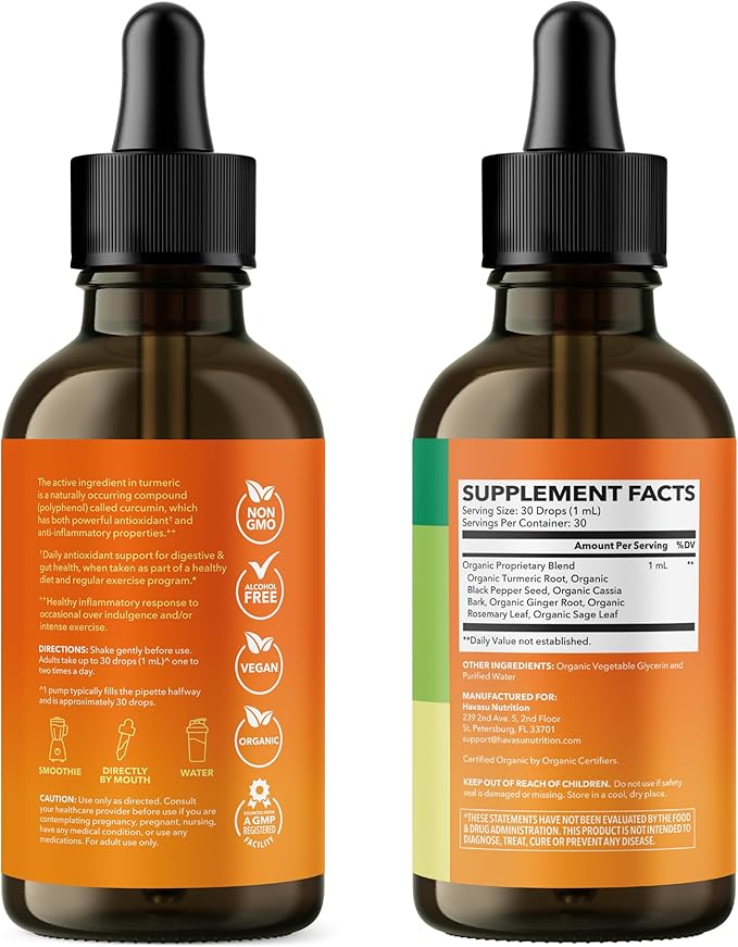 USDA Organic Turmeric Liquid Drops with Black Pepper - 1000mg Curcumin Supplement for Immune & Digestive Health - 30 Servings - Enhanced Absorption - Non-GMO, Vegan, Gluten Free - Unflavored, 1 Fl Oz