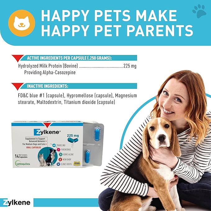 Vetoquinol Zylkene Calming Support Supplement for Medium Dogs 33-65lbs Promotes Relaxation, Reduces Stress, and Supports Occasional Anxiety Relief for Dogs, 225mg - 14 Capsules