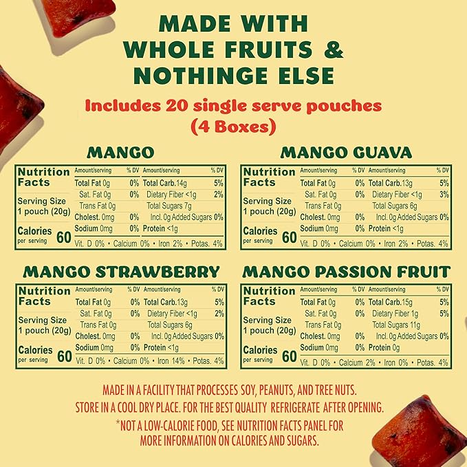 SOLELY - Organic Mango Whole Fruit Gummies Variety Pack (4 Flavors, 5 Bags per Box) - Real Fresh Fruit - Healthy Snacks for Adults & Kids - Non GMO, Vegan Snacks, Shelf Stable - 20 Bags (3.5 oz)