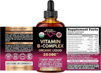 USDA Organic Vitamin B-Complex B5 Pantothenic Acid | B12 Methylcobalamin | B1 Thiamine | B6 Pyridoxine | B7 Biotin | B9 Folic | B3 Niacinamide - B Complex Liquid Drops, Made in USA Supplement, 4fl oz