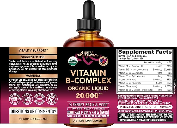 USDA Organic Vitamin B-Complex B5 Pantothenic Acid | B12 Methylcobalamin | B1 Thiamine | B6 Pyridoxine | B7 Biotin | B9 Folic | B3 Niacinamide - B Complex Liquid Drops, Made in USA Supplement, 4fl oz