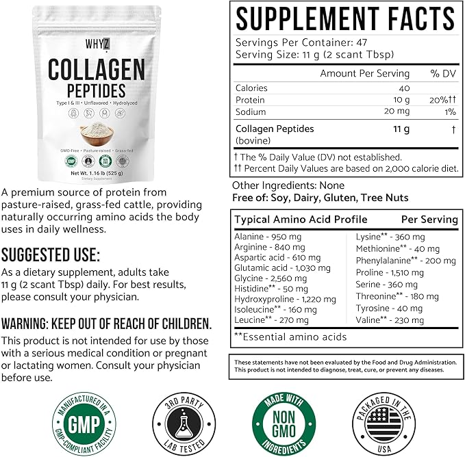 Bovine Collagen Peptides Powder Hydrolyzed Type I & III Protein, Grass-Fed Pasture-Raised Source, Unflavored Collagen Supplement Paleo-Friendly For Active Lifestyles & Wellness Non-GMO,1.16 lb (525g)