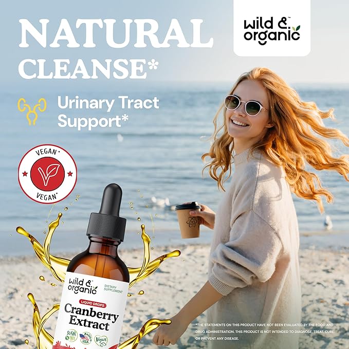 Wild & Organic Cranberry Supplement Drops - Urinary Tract Support for Women & Men - Pure Cranberry Extract Liquid Supplement - Vegan, Sugar & Alcohol-Free Tincture - 2 fl oz