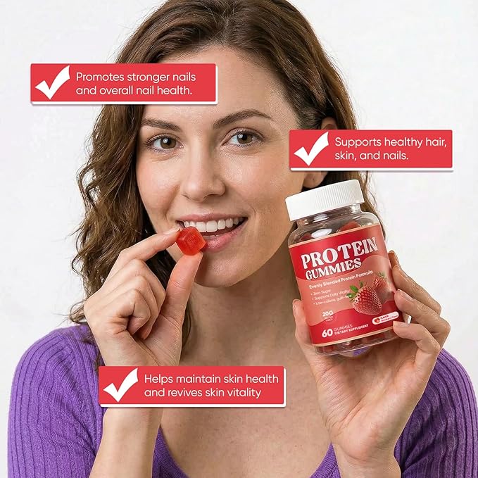 Protein Gummies, 144g Protein Per Bottle, Zero Sugar, Supports Daily Vitality, Low-Calorie, Guilt-Free, Strawberry Flavor, 60 Gummies