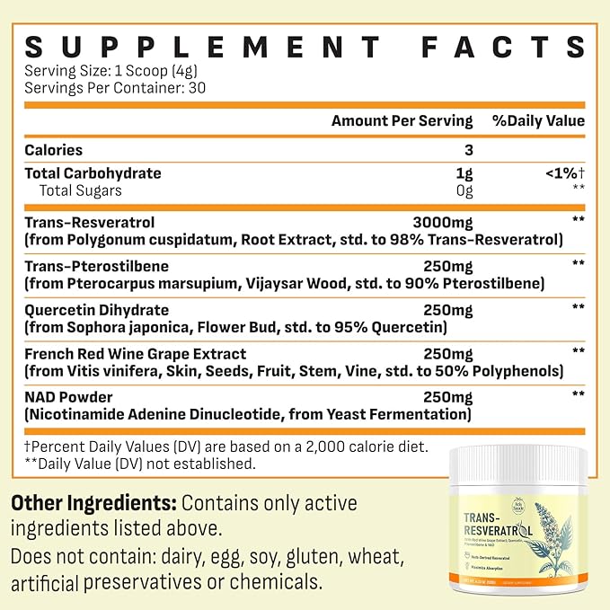 Trans-Resveratrol Powder Supplement with Red Wine Extract, Quercetin, Pterostilbene & NAD, 4.23 OZ, 30-Day Supply