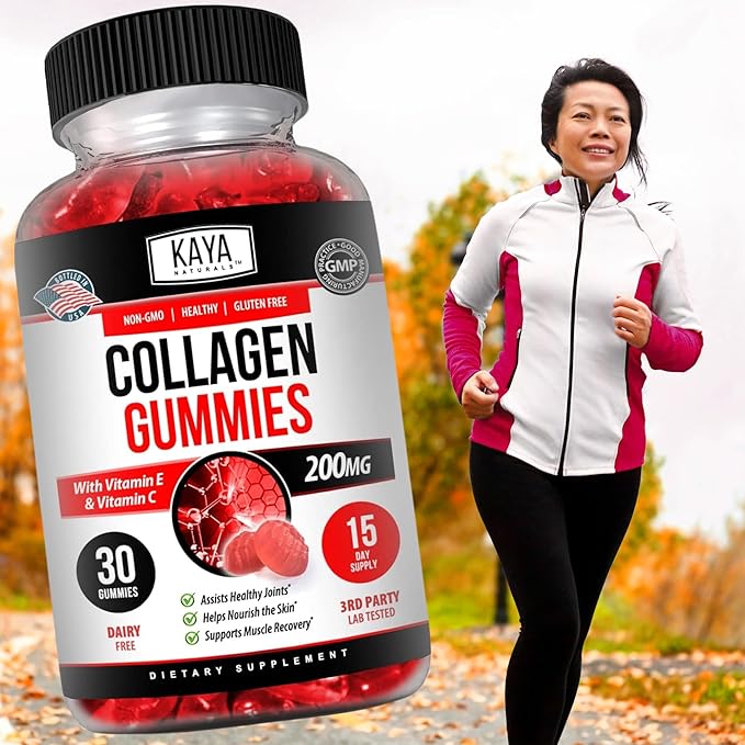 Kaya Naturals Collagen Gummies for Men & Women Supplement | Nature Made Gummies - 1000mg of Hydrolyzed Collagen, Vitamin C, Selenium & Biotin, Strawberry Flavor - 30 Count
