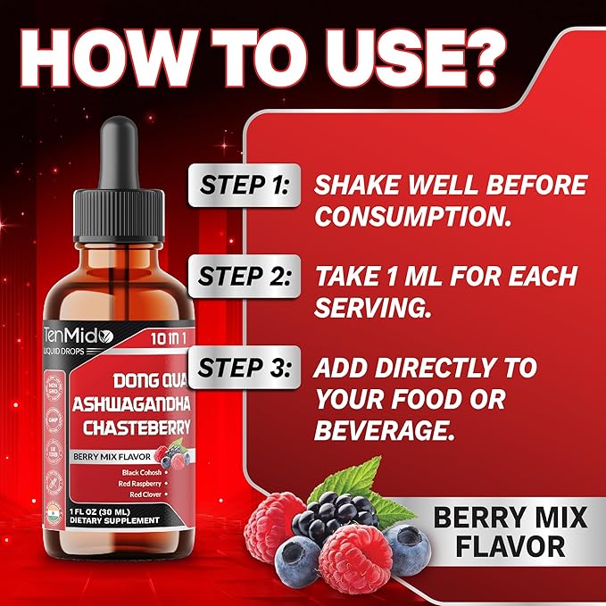 10in1 Liquid Dong Quai Supplement for Women with Ashwagandha, Chasteberry, Black Cohosh, Red Clover, Magnolia, Red Raspberry, Hops Flower, Lemon Balm, and Ginger - 30ml 1 Fl Oz