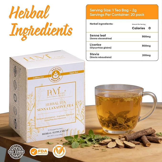 Puvi Care Smooth Move Tea Laxatives for Constipation, Senna Tea for Constipation relief for constipation relief for adults, Reduce Bloating & Discomfort | Non-GMO, Gluten Free | Herbal Tea 20 Tea Bags