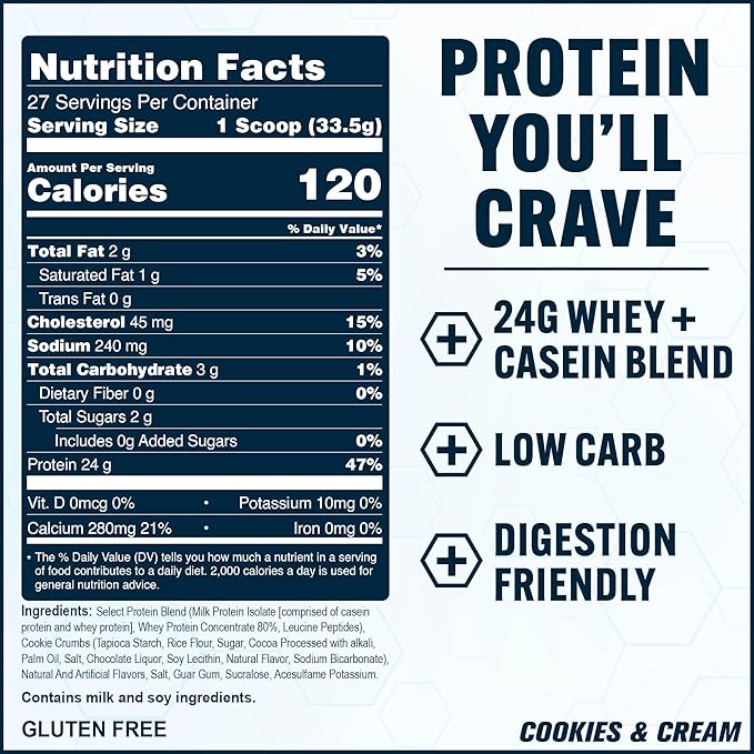 PEScience Select Protein Powder, Whey and Casein Blend, Lean Protein Powder for Women and Men, Low Calorie, Low Carb, Keto Friendly, Gluten Free, Cookies and Cream - 27 Servings