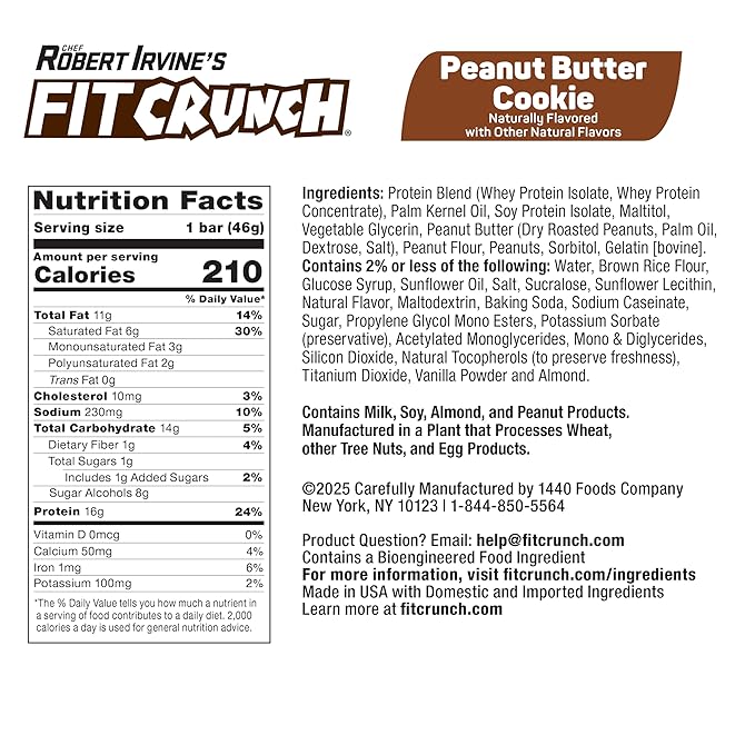 FITCRUNCH Snack Size Protein Bars, 6-Layer Baked Bar, 1g of Sugar, Gluten Free & Soft Cake Core (9 Bars, Peanut Butter Cookie)