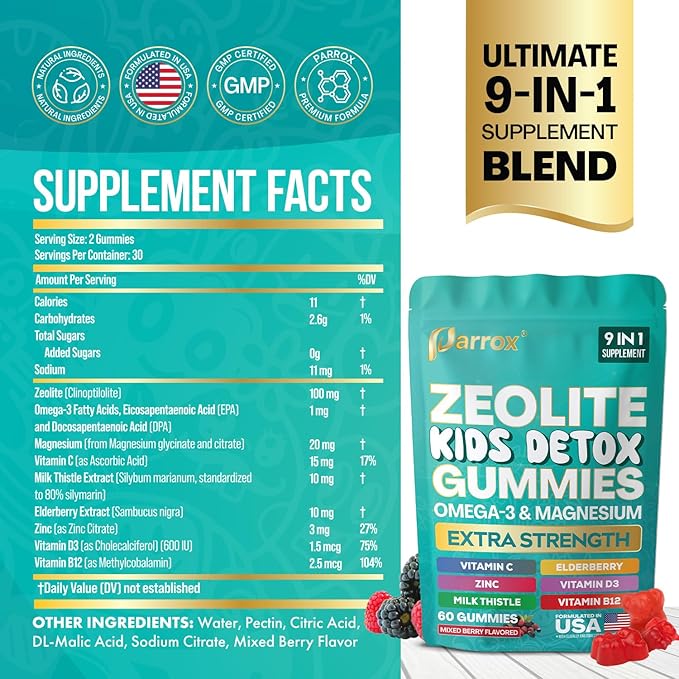 Zeolite Kids Detox Gummies, 9-in-1 Extra Strength with Zeolite, Omega-3, Magnesium, Elderberry, Vitamin C, Milk Thistle, Vitamin D3, Zinc, B12 – Sugar-Free (Mixed Berry Flavor - 2 Pack)