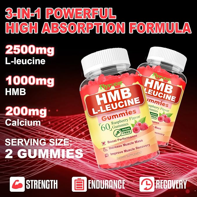 2 Pack HMB and L-Leucine Gummies, HMB and Leucine for Muscle Growth, Muscle Relief, for Men & Women, Vegan, Sugar-Free, Raspberry Flavor, 120 Count