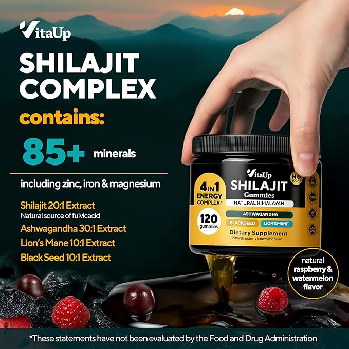 VitaUp Himalayan Shilajit Gummies - Sugar Free Natural Shilajit Gummies with Fulvic Acid, Ashwagandha, Lions Mane, Black Seed - Immune & Energy Support - 120 Count