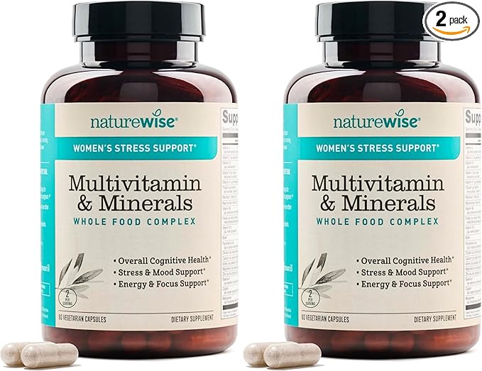 NatureWise Multivitamin for Women + Stress Support with Organic Whole Foods & Natural Minerals-B-Complex+Vitamin C+D3 K2 for Immunity,Hair,Skin & Nails-Non-GMO-60 Capsules[30-Day Supply], (Pack of 2)
