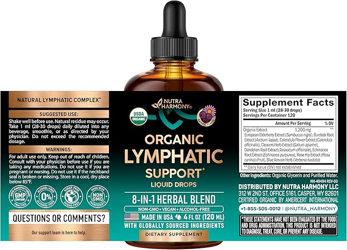 USDA Organic Lymphatic Drainage Supplement - Echinacea | Elderberry | Dandelion | Rosehip | Cleavers | Calendula | Burdock - Made in USA - Lymph System Drops - Immune Support, Cleanse & Detox, 4 fl oz